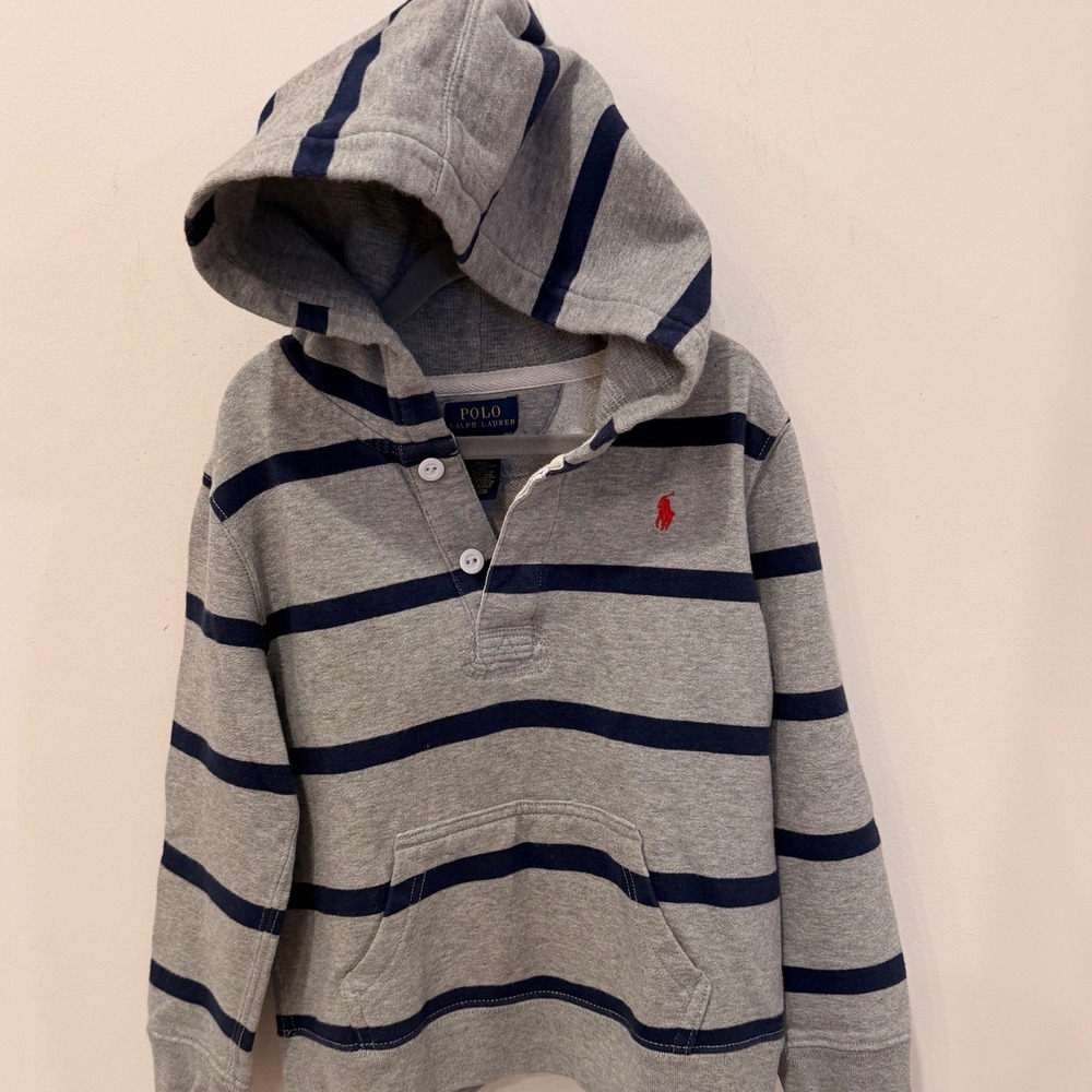 Polo Ralph Lauren Kids Gray Navy Blue Striped Henley Hoodie Size 7